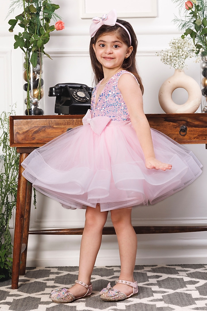 Pink Satin & Mesh Embellished Fluffy Dress For Girls by The Lush Affair at Pernia's Pop Up Shop