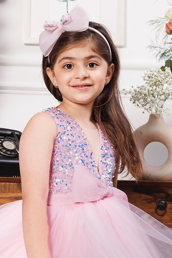 Pink Satin & Mesh Embellished Fluffy Dress For Girls by The Lush Affair at Pernia's Pop Up Shop