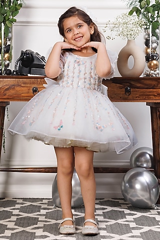 White Soft Organza Hand Embroidered Dress For Girls by The Lush Affair