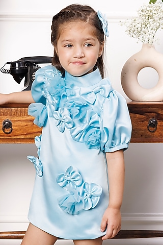Blue Satin A-Line Dress For Girls by The Lush Affair