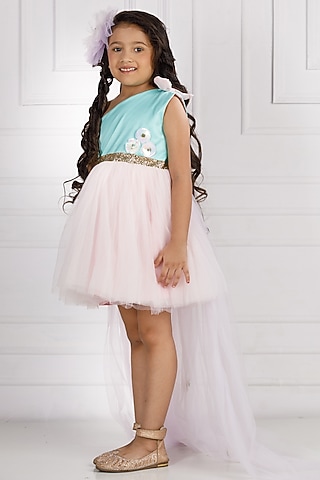 Pink Cotton & Silk Satin Hand Embroidered Dress For Girls by The Lush Affair