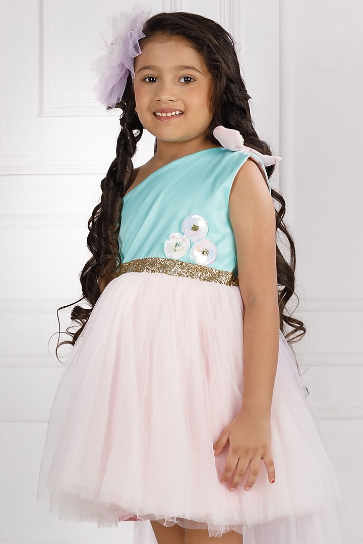 Pink Cotton & Silk Satin Hand Embroidered Dress For Girls by The Lush Affair at Pernia's Pop Up Shop