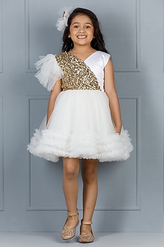 White Cotton & Silk Satin Embroidered Dress For Girls by The Lush Affair