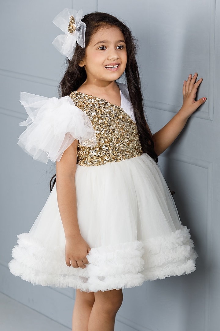 White Cotton & Silk Satin Embroidered Dress For Girls by The Lush Affair at Pernia's Pop Up Shop