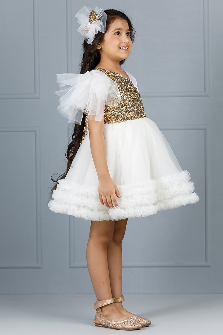 White Cotton & Silk Satin Embroidered Dress For Girls by The Lush Affair at Pernia's Pop Up Shop
