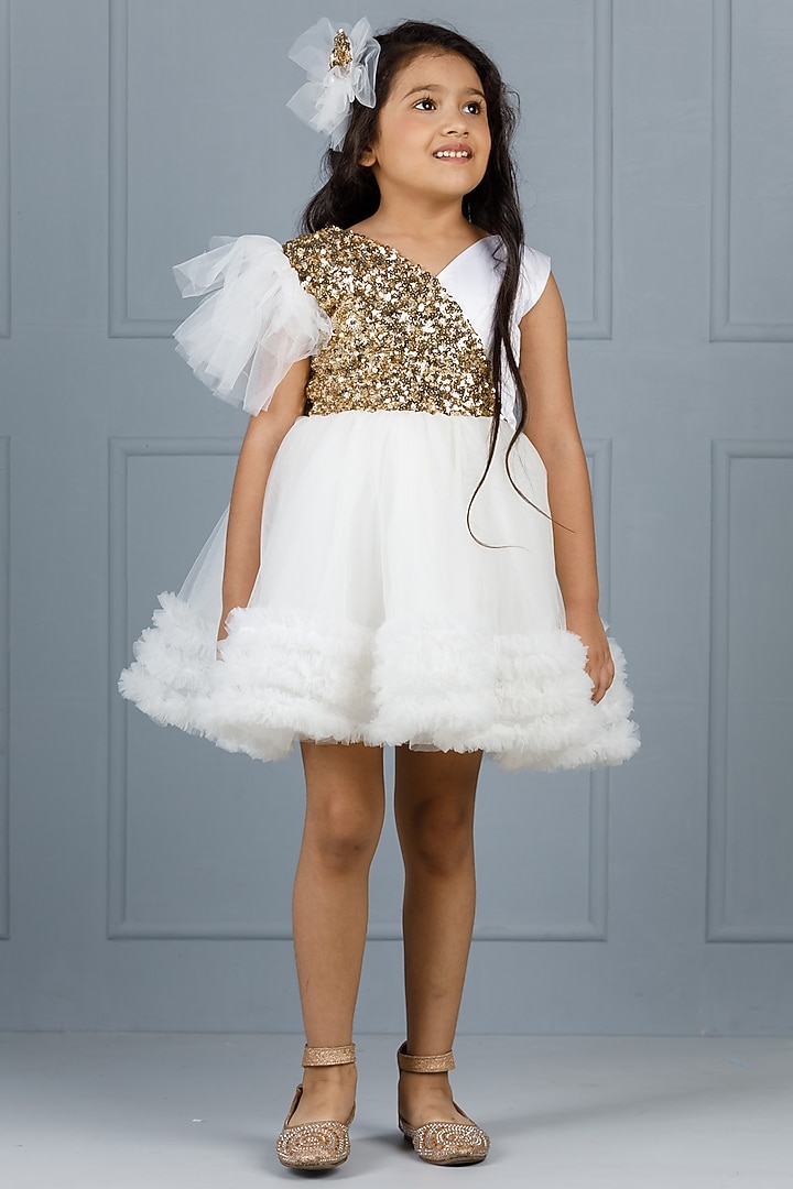 White Cotton & Silk Satin Embroidered Dress For Girls by The Lush Affair at Pernia's Pop Up Shop
