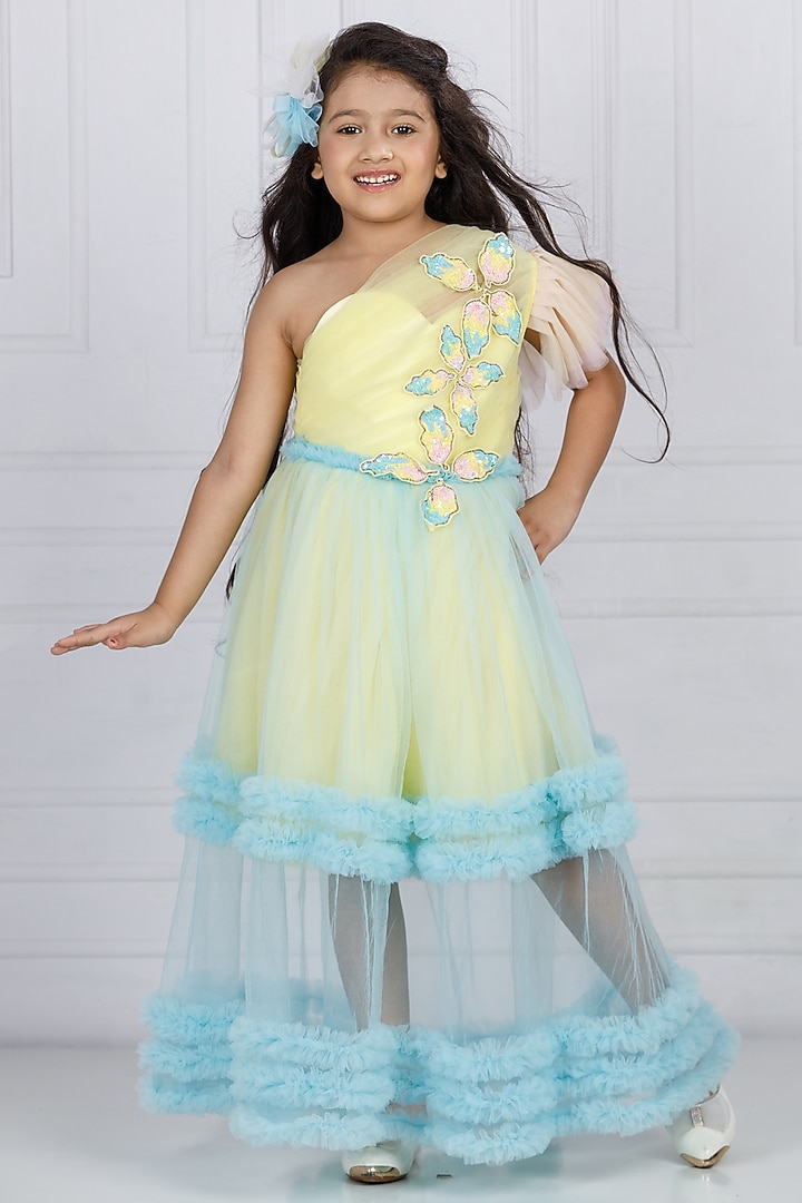 Lemon Cotton & Silk Satin Hand Embroidered Gown For Girls by The Lush Affair at Pernia's Pop Up Shop