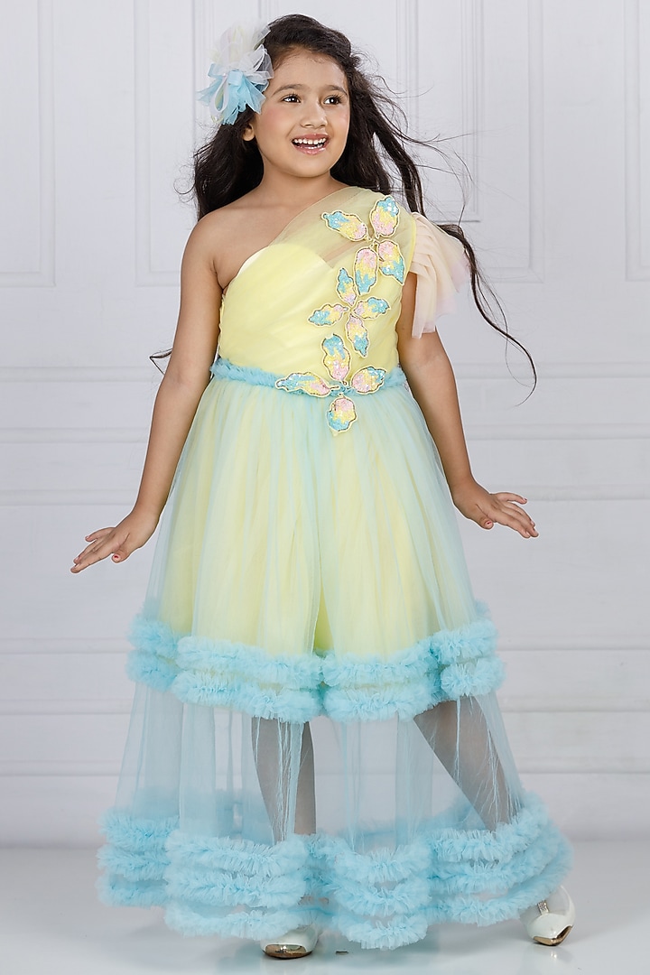 Lemon Cotton & Silk Satin Hand Embroidered Gown For Girls by The Lush Affair at Pernia's Pop Up Shop