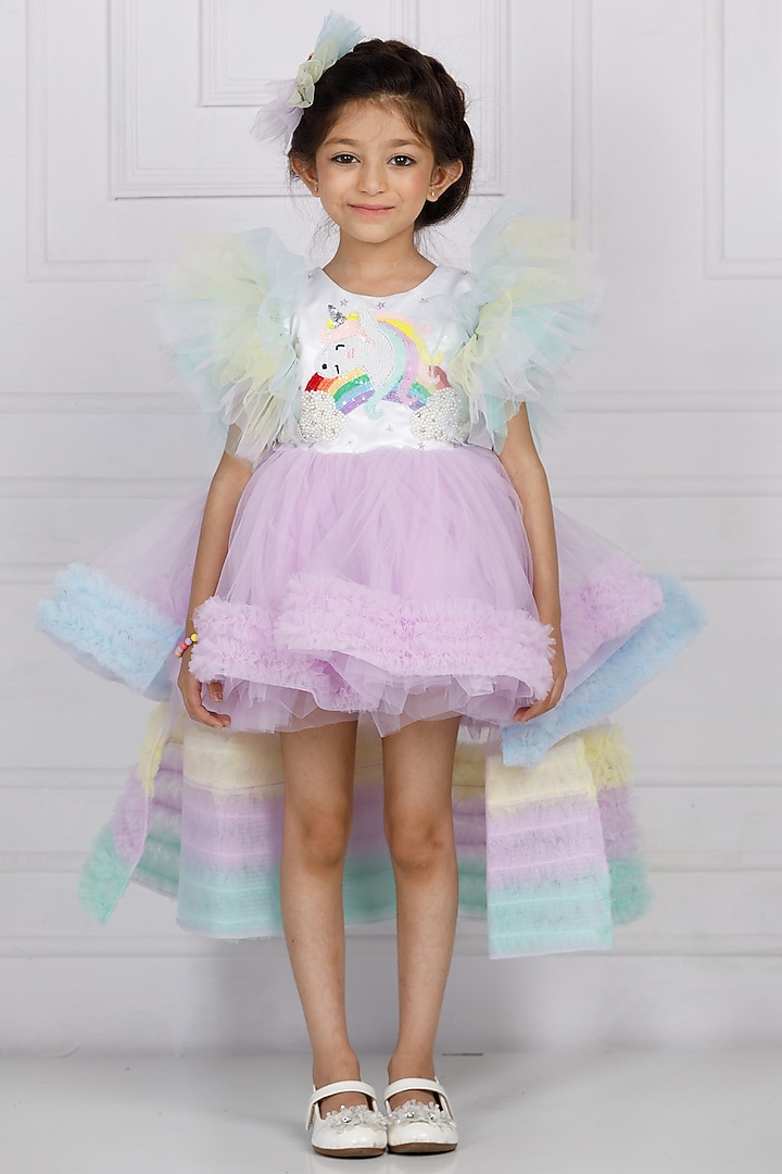 White Cotton & Silk Satin Embroidered Dress For Girls by The Lush Affair at Pernia's Pop Up Shop