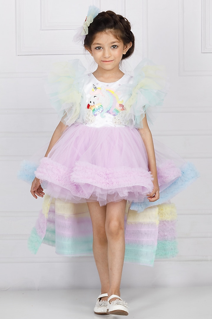 White Cotton & Silk Satin Embroidered Dress For Girls by The Lush Affair at Pernia's Pop Up Shop