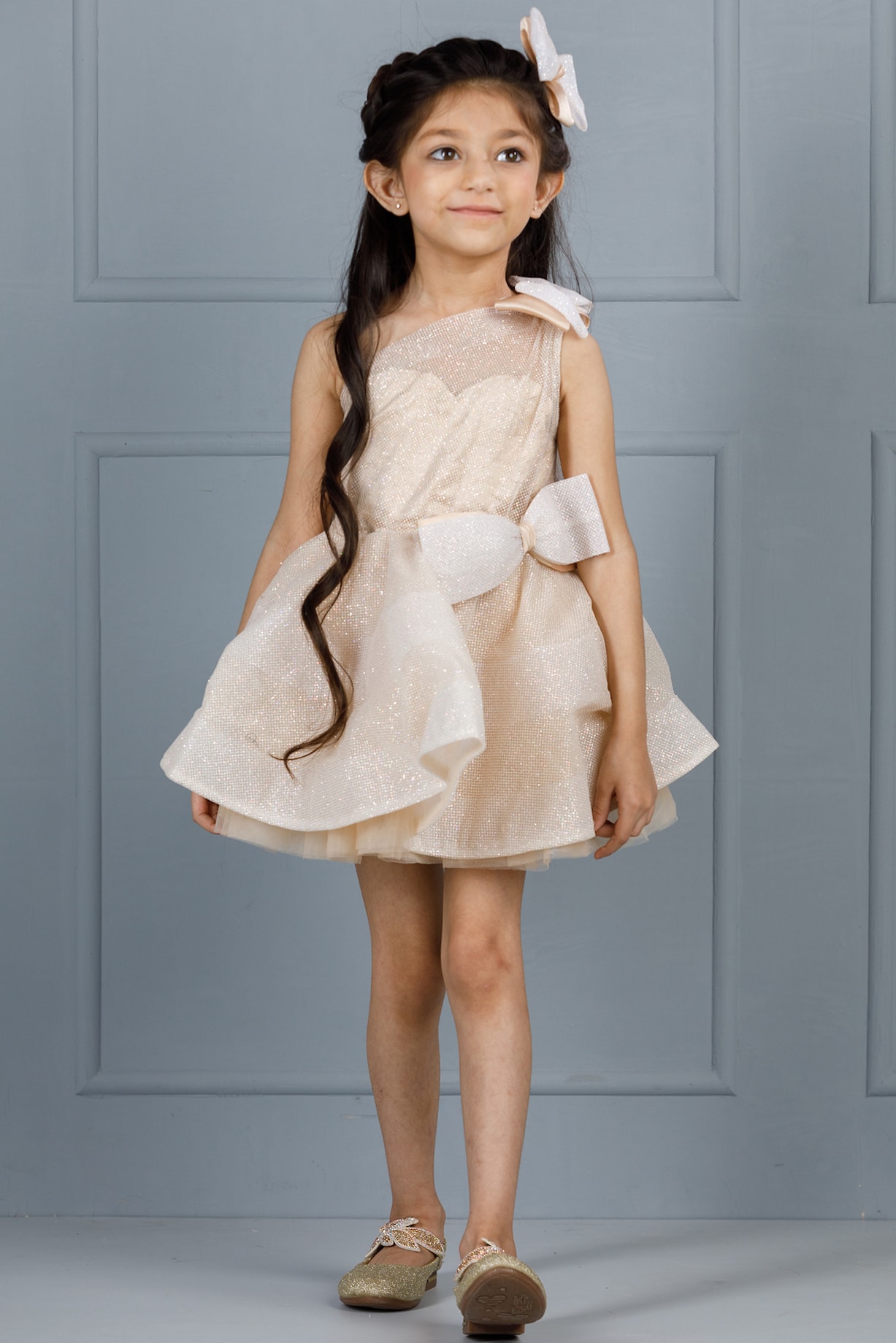 Champagne Cotton & Silk Satin Embroidered One-Shoulder Dress For Girls by  The Lush Affair at Pernia's Pop Up Shop 2026