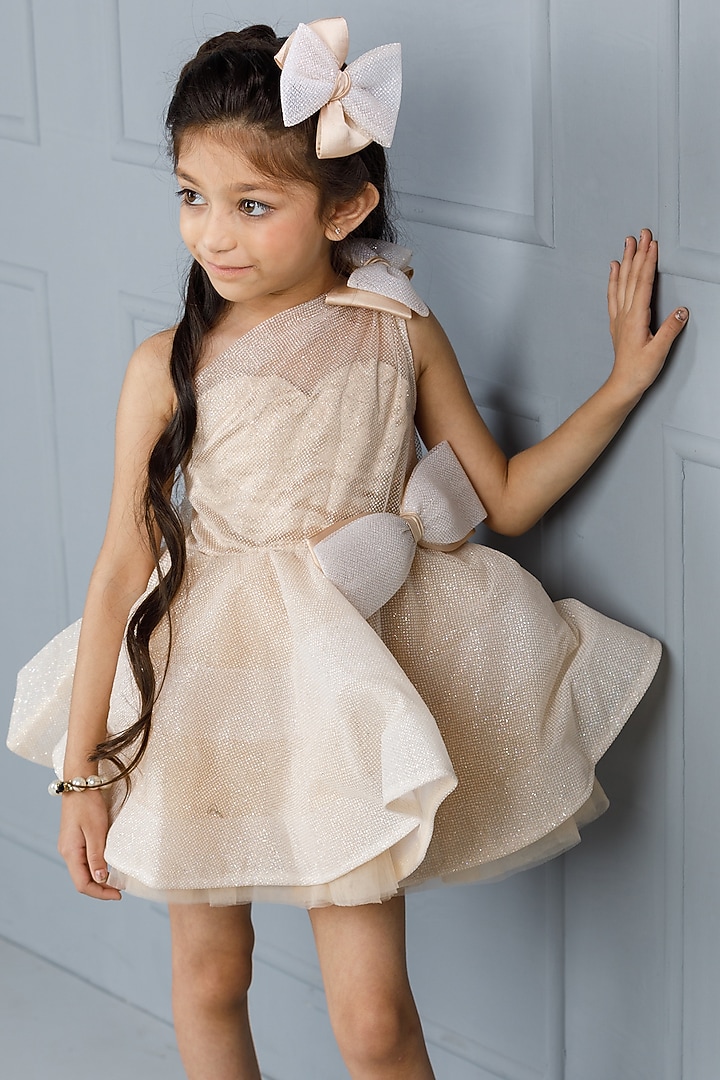 Champagne Cotton & Silk Satin Embroidered One-Shoulder Dress For Girls by The Lush Affair at Pernia's Pop Up Shop