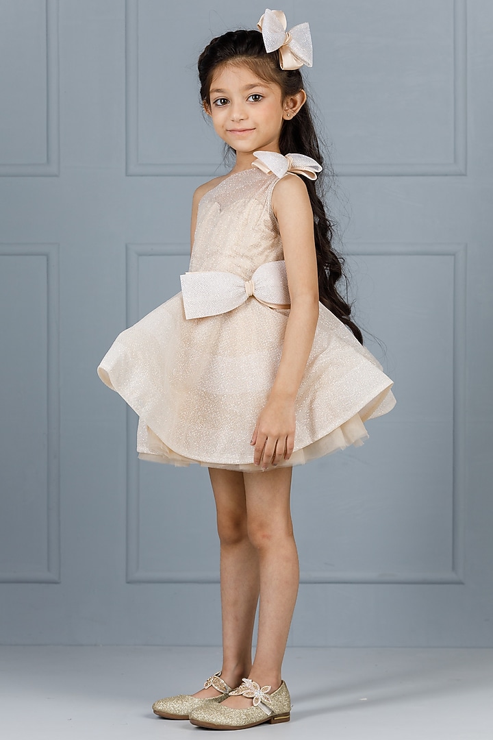 Champagne Cotton & Silk Satin Embroidered One-Shoulder Dress For Girls by The Lush Affair at Pernia's Pop Up Shop