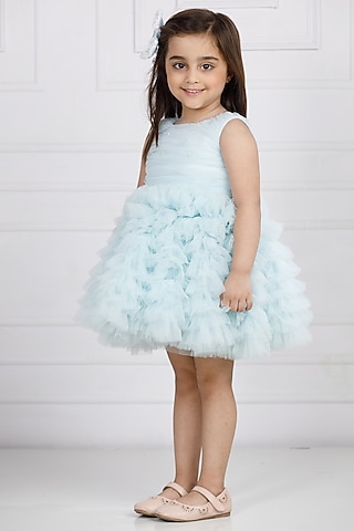 Blue Cotton & Silk Satin Embroidered Dress For Girls by The Lush Affair