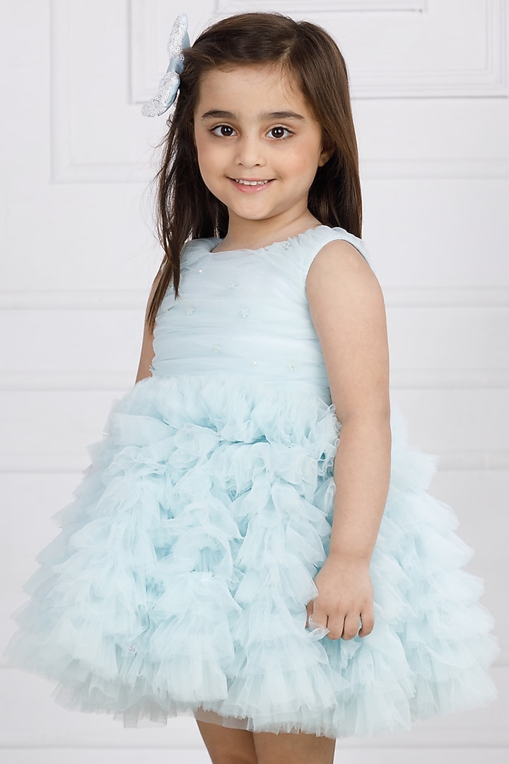 Blue Cotton & Silk Satin Embroidered Dress For Girls by The Lush Affair at Pernia's Pop Up Shop