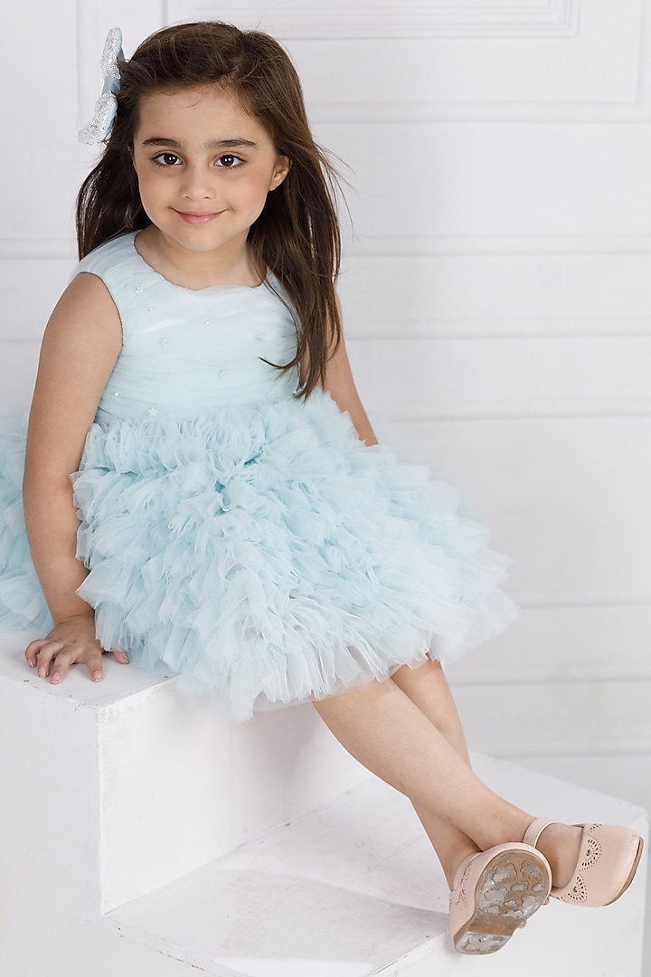 Blue Cotton & Silk Satin Embroidered Dress For Girls by The Lush Affair at Pernia's Pop Up Shop