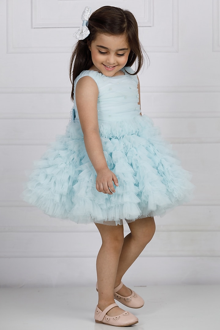Blue Cotton & Silk Satin Embroidered Dress For Girls by The Lush Affair at Pernia's Pop Up Shop