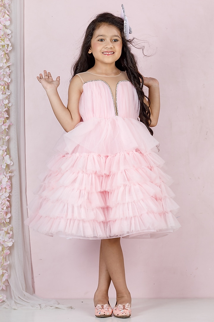 Pink Cotton & Silk Satin Embroidered Dress For Girls by The Lush Affair at Pernia's Pop Up Shop