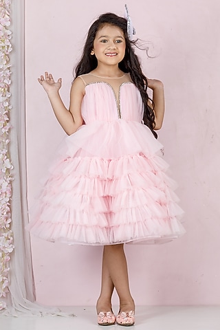 Pink Cotton & Silk Satin Embroidered Dress For Girls by The Lush Affair