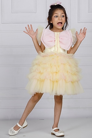 Lemon Cotton & Silk Satin Embroidered Dress For Girls by The Lush Affair