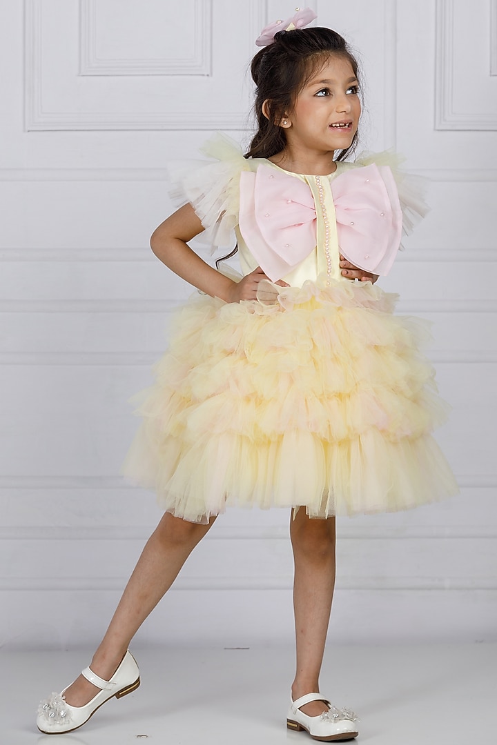 Lemon Cotton & Silk Satin Embroidered Dress For Girls by The Lush Affair at Pernia's Pop Up Shop