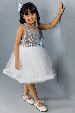 White Cotton & Tulle Embroidered Dress For Girls by The Lush Affair