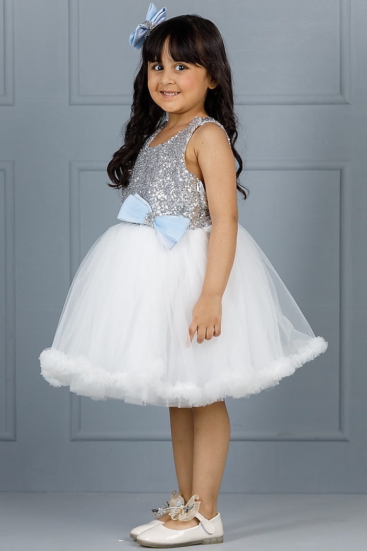 White Cotton & Tulle Embroidered Dress For Girls by The Lush Affair at Pernia's Pop Up Shop