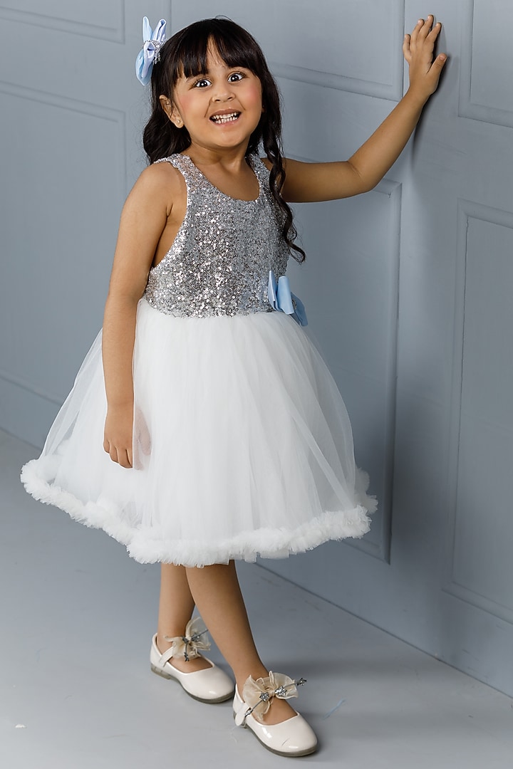 White Cotton & Tulle Embroidered Dress For Girls by The Lush Affair at Pernia's Pop Up Shop