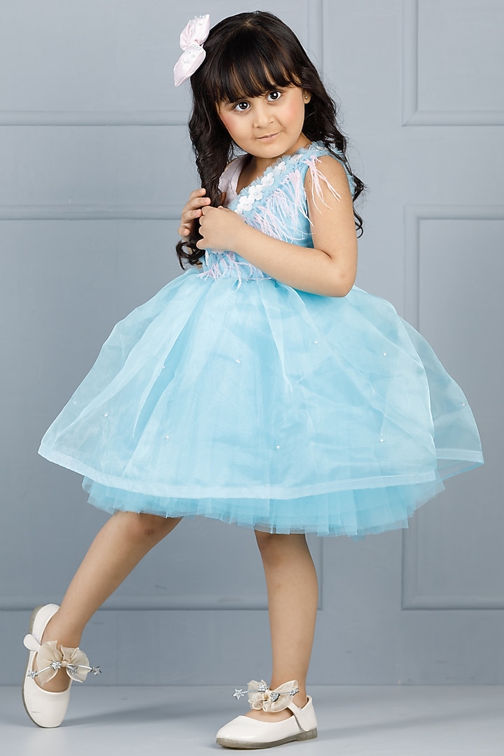 Blue Cotton & Silk Satin Embroidered Dress For Girls by The Lush Affair at Pernia's Pop Up Shop