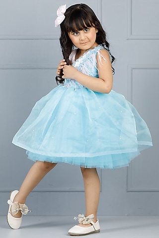 Blue Cotton & Silk Satin Embroidered Dress For Girls by The Lush Affair