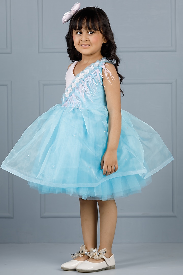 Blue Cotton & Silk Satin Embroidered Dress For Girls by The Lush Affair at Pernia's Pop Up Shop