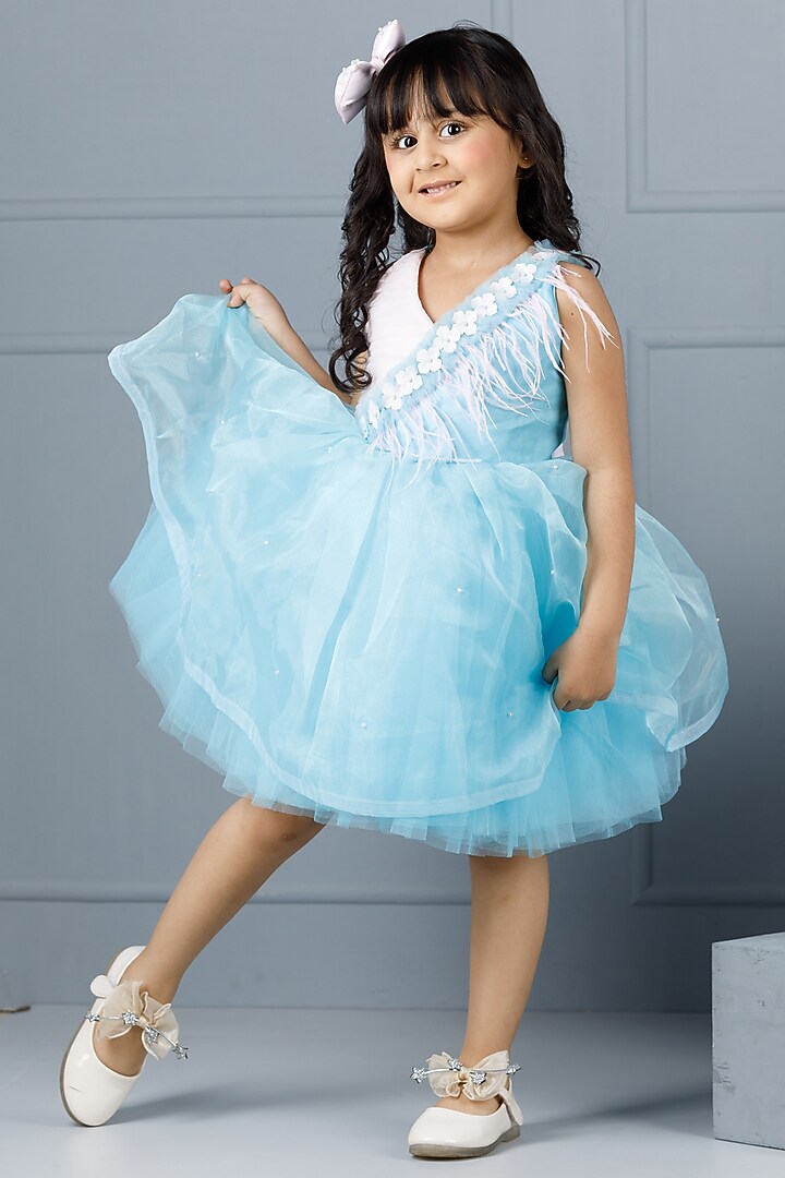 Blue Cotton & Silk Satin Embroidered Dress For Girls by The Lush Affair at Pernia's Pop Up Shop