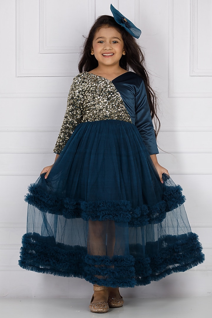 Green Cotton & Silk Satin Embroidered Dress For Girls by The Lush Affair at Pernia's Pop Up Shop