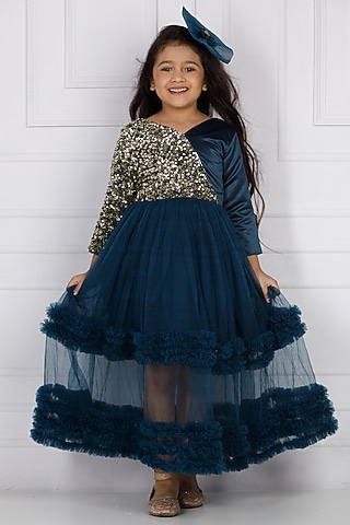 Green Cotton & Silk Satin Embroidered Dress For Girls by The Lush Affair