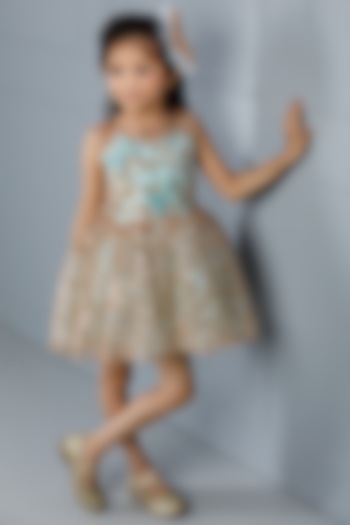 Blue Cotton & Silk Satin Hand Embroidered Dress For Girls by The Lush Affair at Pernia's Pop Up Shop