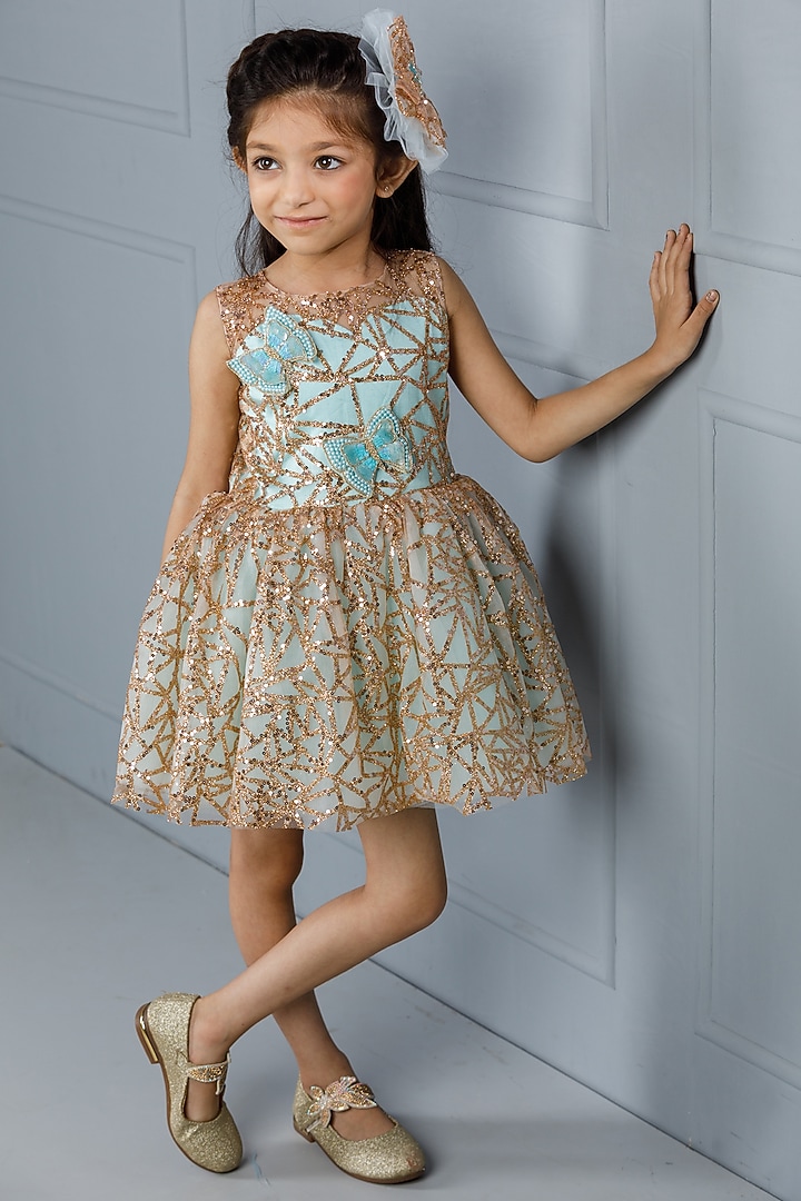 Blue Cotton & Silk Satin Hand Embroidered Dress For Girls by The Lush Affair at Pernia's Pop Up Shop