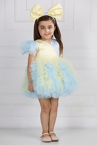 Blue Cotton & Silk Satin Hand Embroidered Dress For Girls by The Lush Affair