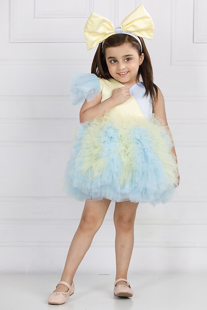 Blue Cotton & Silk Satin Hand Embroidered Dress For Girls by The Lush Affair at Pernia's Pop Up Shop