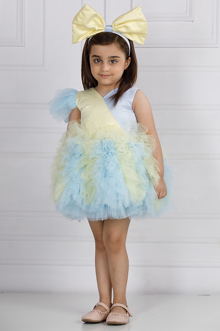 Blue Cotton & Silk Satin Hand Embroidered Dress For Girls by The Lush Affair at Pernia's Pop Up Shop