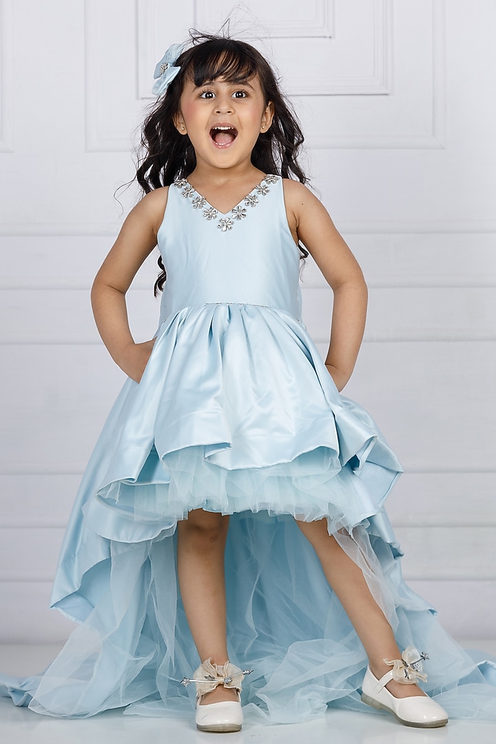 Blue Cotton & Silk Satin Embroidered Gown For Girls by The Lush Affair at Pernia's Pop Up Shop