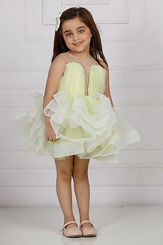 Mint Green Cotton & Silk Satin Embroidered Dress For Girls by The Lush Affair