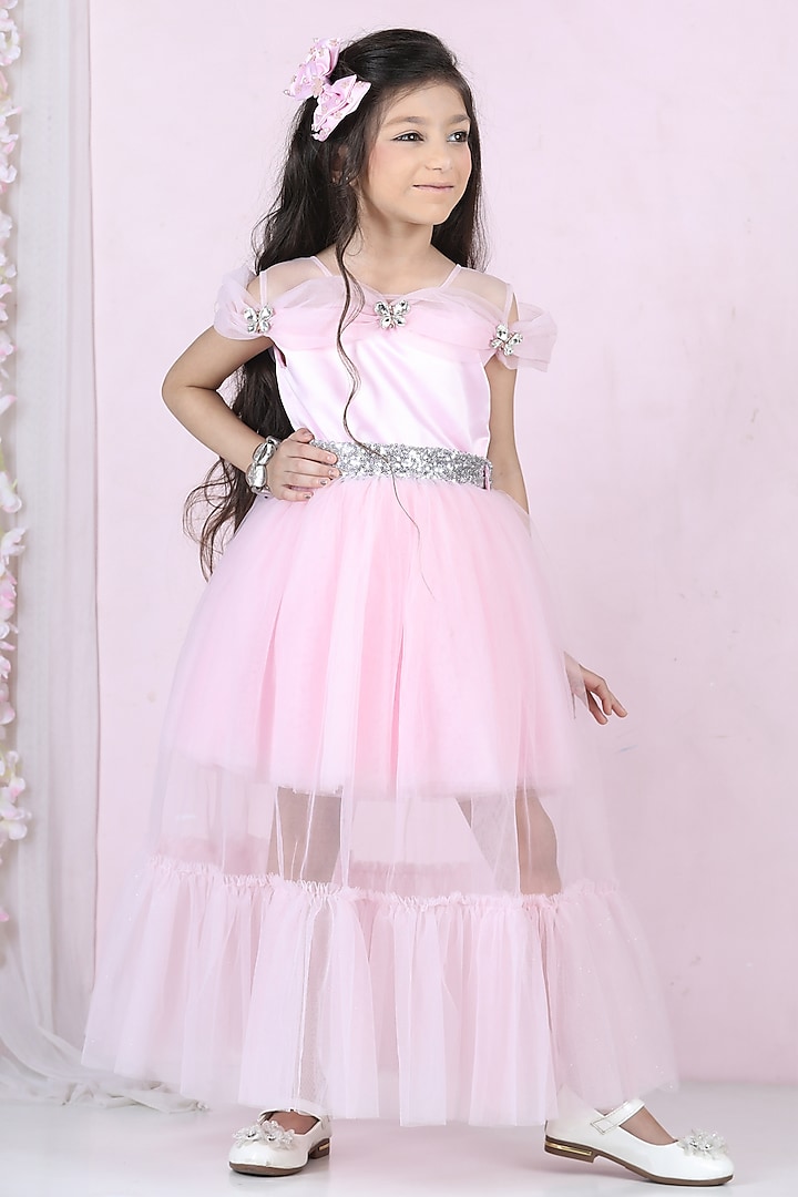 Pink Cotton & Silk Satin Embroidered Dress For Girls by The Lush Affair at Pernia's Pop Up Shop