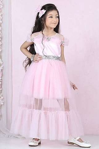 Pink Cotton & Silk Satin Embroidered Dress For Girls by The Lush Affair