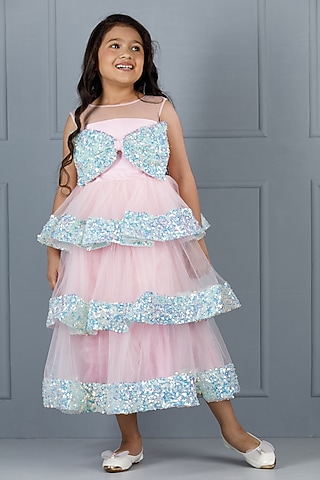 Pink Cotton & Silk Satin Embroidered Dress For Girls by The Lush Affair