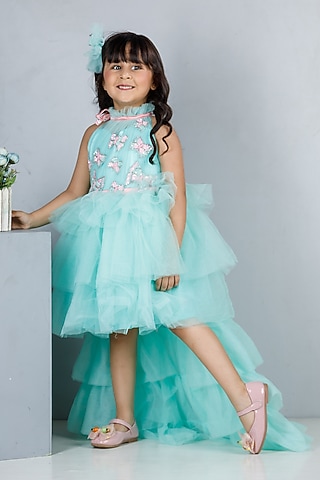 Blue Cotton & Silk Satin Embroidered Dress For Girls by The Lush Affair