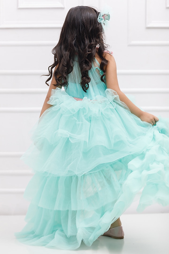 Blue Cotton & Silk Satin Embroidered Dress For Girls by The Lush Affair at Pernia's Pop Up Shop