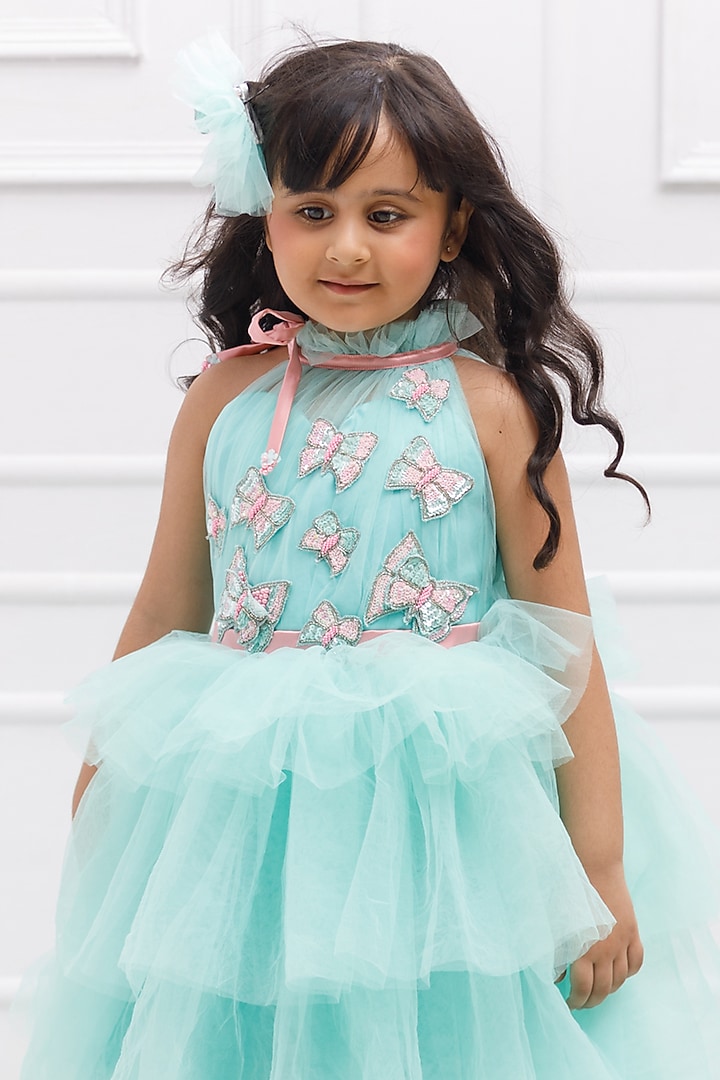 Blue Cotton & Silk Satin Embroidered Dress For Girls by The Lush Affair at Pernia's Pop Up Shop