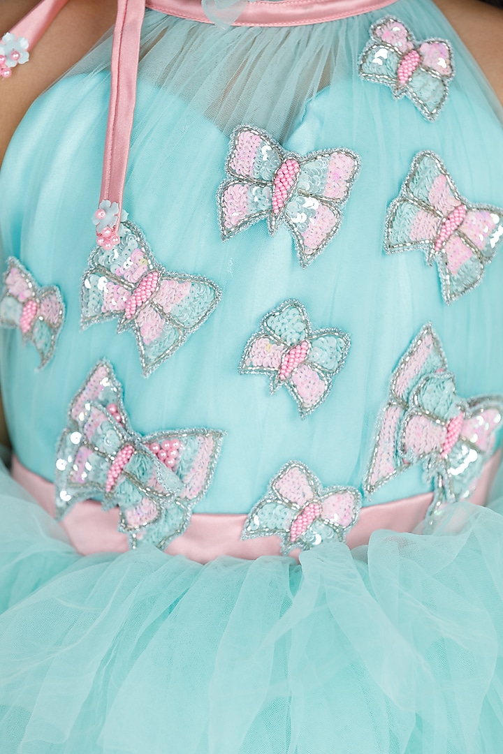 Blue Cotton & Silk Satin Embroidered Dress For Girls by The Lush Affair at Pernia's Pop Up Shop