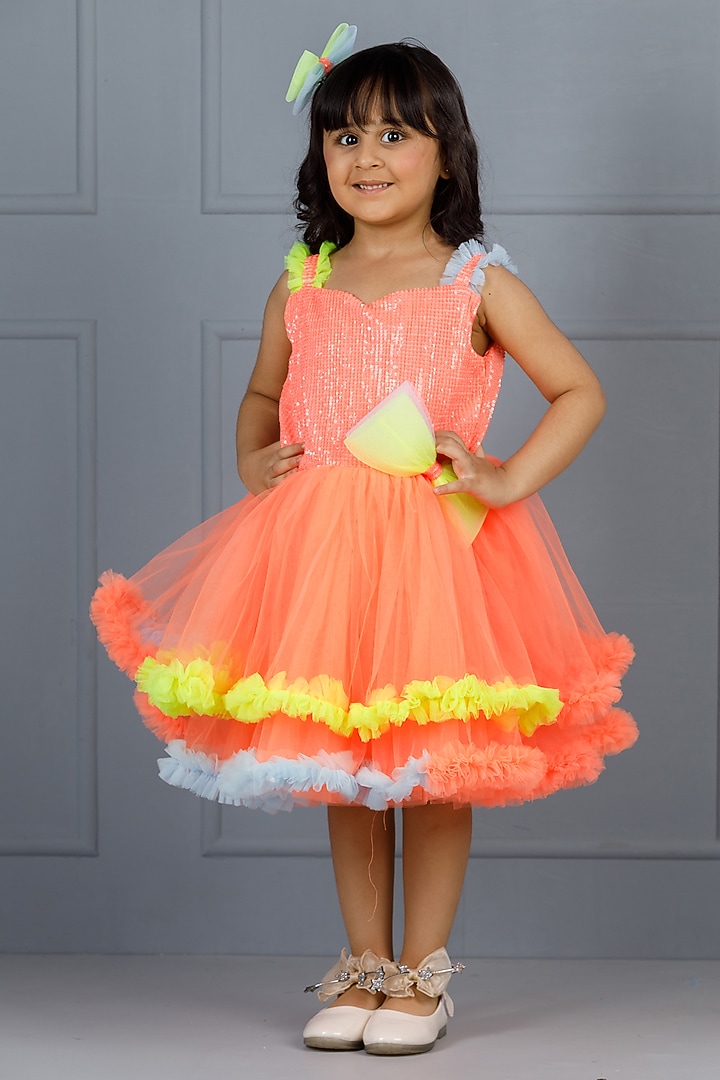 Neon Orange Cotton & Silk Satin Embroidered Dress For Girls by The Lush Affair at Pernia's Pop Up Shop
