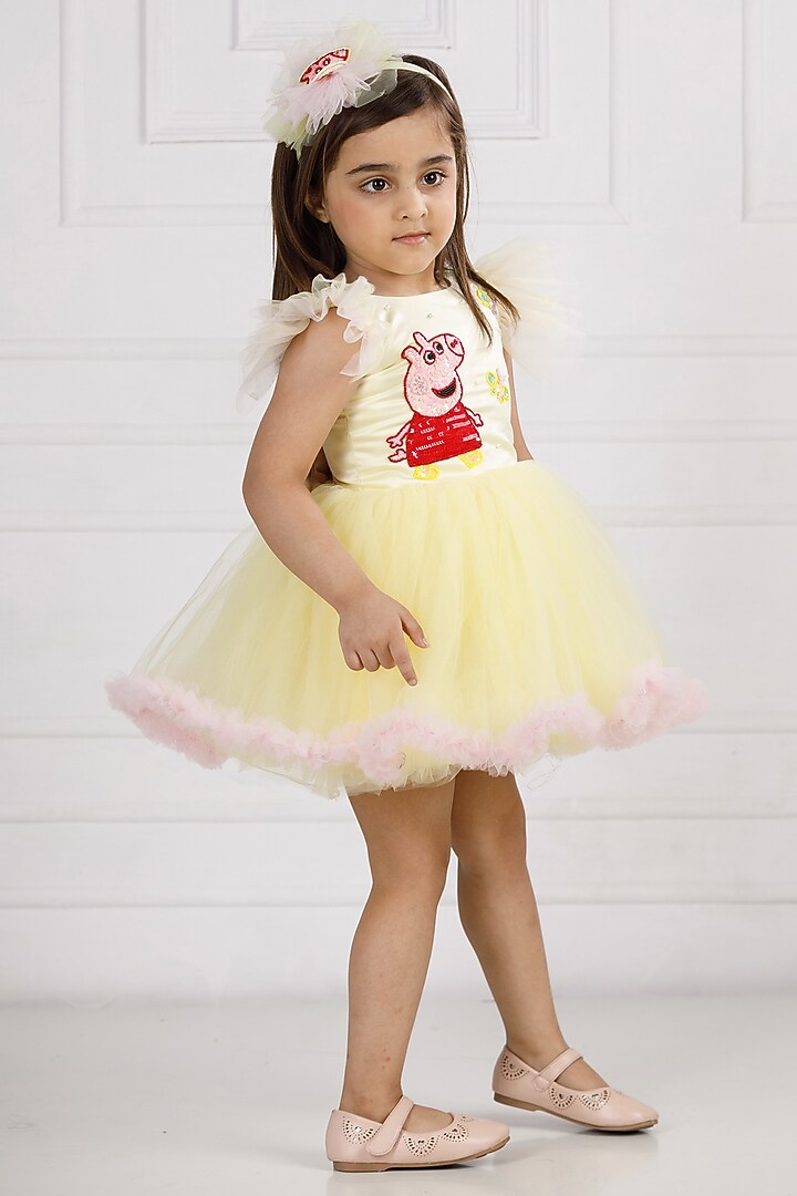 Lemon Cotton & Silk Satin Embroidered Dress For Girls by The Lush Affair at Pernia's Pop Up Shop
